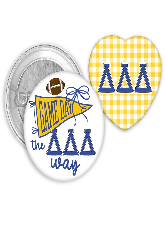 SCRAPHEART Tri Delta Sorority 2-Pin Button Set, Licensed Delta Delta Delta Game Day Pin and Heart-Shaped Gingham Button Set, Big Little Gift, Bid Day Favors, Cute Greek Life Accessories, Tri Delta Sorority Gifts - Image 1